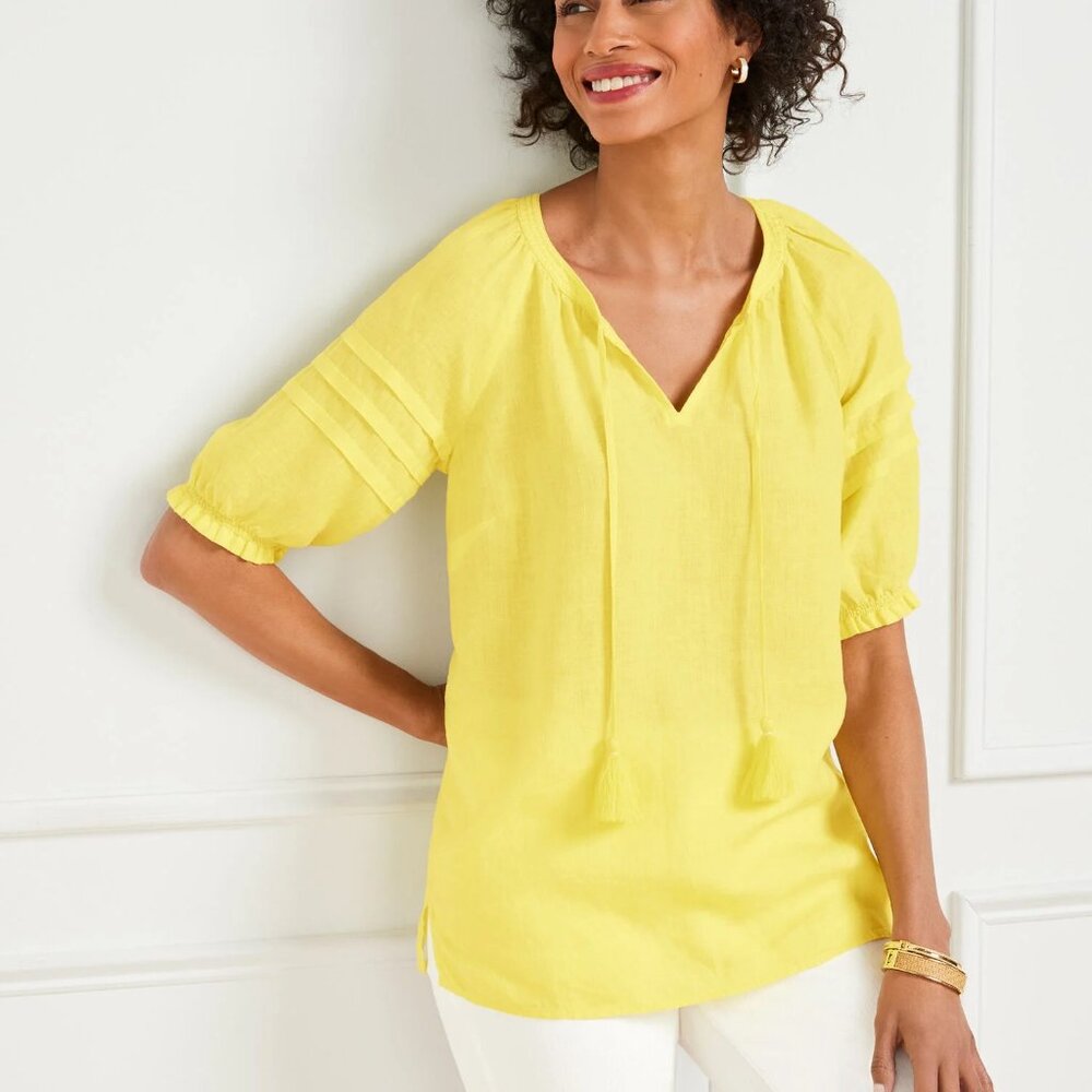 NWT 100% Linen Pleated-Sleeve Yellow Top (Petite L)